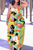 Sexy Graphics Print Backless Sleeveless Spaghetti Strap Baggy Floor Length Long Slip Maxi Dresses