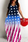 Casual Flag Star Print Backless Sleeveless Spaghetti Strap Vacation Baggy Long Slip Maxi Dress