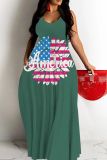 Casual Flag Star Print Backless Sleeveless Spaghetti Strap Vacation Baggy Long Slip Maxi Dress