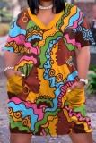 Casual Graphics Print V Neck Short Sleeve Pockets Baggy T-shirts Midi Dress
