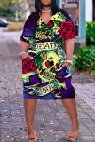 Casual Skull Head Print V Neck Short Sleeve With Pockets Baggy T-shirt Midi Dress