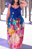 Sexy Graphics Print Backless Sleeveless Spaghetti Strap Baggy Floor Length Long Slip Maxi Dresses