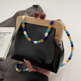 Vintage Wood Turn Chain PU Shell Crossbody Handbag