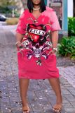 Casual Skull Head Print V Neck Short Sleeve With Pockets Baggy T-shirt Midi Dress