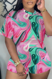 Casual Tie Dye Print Basic O Neck Short Sleeve  Oversize T-shirt And Shorts Two Pieces Shorts Sets