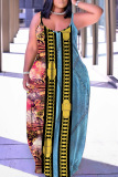 Sexy Graphics Print Backless Sleeveless Spaghetti Strap Baggy Floor Length Long Slip Maxi Dresses