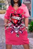 Casual Skull Head Print V Neck Short Sleeve With Pockets Baggy T-shirt Midi Dress