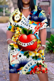 Casual Skull Head Print V Neck Short Sleeve With Pockets Baggy T-shirt Midi Dress