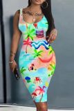 Casual Floral Print Basic Sleeveless U Neck Vest Bodycon Tank Midi Dresses