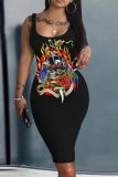Casual Skull Head Print Basic U Neck Vest Bosycon Tank Midi Dresses