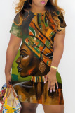 Casual Figure Print O Neck Short Sleeve Baggy T-shirt Midi Dress
