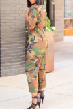 Casual Camouflage Print Turndown Collar Short Sleeve Cinch Waist Regular Wide Leg Jumpsuits