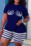 Casual Skull Finger Letter Print Stripe O Neck Short Sleeve Oversize T-shirt And Shorts Two Pieces Shorts Sets
