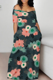 Casual Floral Print Off Shoulder Short Sleeve Baggy Floor Length Vacation Maxi Dresses