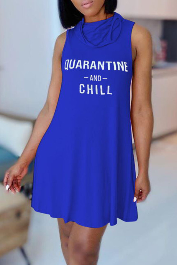 Blue Casual Print Patchwork O Neck Straight Dresses