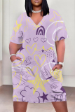 Casual Geometric Print V Neck Short Sleeve Baggy Plus Size T-shirts Midi Dresses