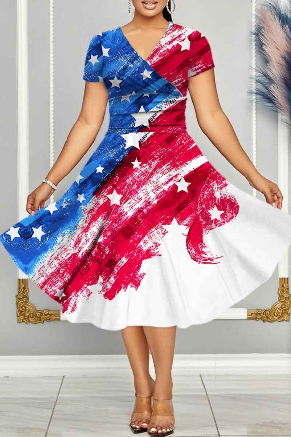 Casual Flag Star Print V Neck Short Sleeve Cinch Waist Vacation A Line Swing Midi Dress