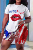 Casual Flag Star Print Basic O Neck Short Sleeve Oversize T-shirt And Shorts Two Pieces Shorts Sets
