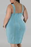 Sexy Backless Zipper Spaghetti Strap Plus Size Fringed Party Bodycon Denim Slip Midi Dress