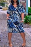 Casual Graphics Print Basic V Neck Short Sleeve Baggy T-shirt Midi Dress