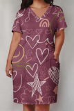 Casual Geometric Print V Neck Short Sleeve Baggy Plus Size T-shirts Midi Dresses