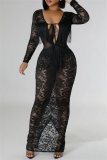 Sexy Lace Flower Print Backless Deep V Neck Fringed Trim Lace Up See-Through Silt Formal Party Evening Long Bodycon Maxi Dresses