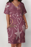 Casual Geometric Print V Neck Short Sleeve Baggy Plus Size T-shirts Midi Dresses