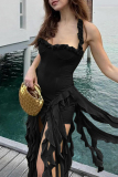 Sexy Sleeveless Backless Fringed Ruffle Irregular Hem Vacation Party Halter Mini Dresses
