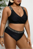 Sexy Sequins Decor Backless Sleeveless V Neck Tankini Sets Beach Vacation Plus Size Swimwear (With Paddings)