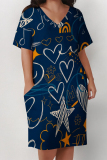 Casual Geometric Print V Neck Short Sleeve Baggy Plus Size T-shirts Midi Dresses