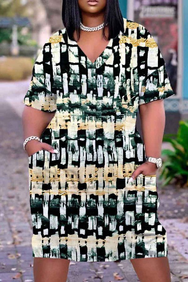 Casual Graphics Print Basic V Neck Short Sleeve Baggy T-shirt Midi Dress