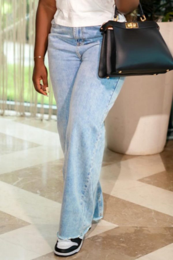 Casual High Waist Straight Denim Wide Leg Jeans with Pockets