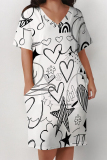 Casual Geometric Print V Neck Short Sleeve Baggy Plus Size T-shirts Midi Dresses