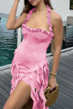 Sexy Sleeveless Backless Fringed Ruffle Irregular Hem Vacation Party Halter Mini Dresses