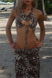 Sexy Leopard Print Backless Sleeveless Hollow Out Lace Up Halter Crop Tops And Maxi Skirts  Vacation Two Pieces Dress Sets