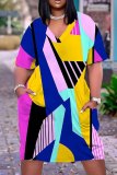 Casual Graphics Print Basic V Neck Short Sleeve Baggy T-shirt Midi Dress