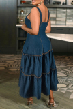 Casual Sleeveless Backless Zipper Tiered Ruffle Hem Plus Size A Line Vacation Pleated Slip Denim Maxi Dresses