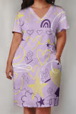 Casual Geometric Print V Neck Short Sleeve Baggy Plus Size T-shirts Midi Dresses