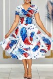 Casual Flag Star Print V Neck Short Sleeve Cinch Waist Vacation A Line Swing Midi Dress