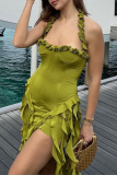 Sexy Sleeveless Backless Fringed Ruffle Irregular Hem Vacation Party Halter Mini Dresses