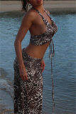 Sexy Leopard Print Backless Sleeveless Hollow Out Lace Up Halter Crop Tops And Maxi Skirts  Vacation Two Pieces Dress Sets