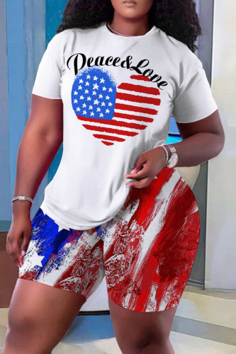 Casual Flag Star Print Basic O Neck Short Sleeve Oversize T-shirt And Shorts Two Pieces Shorts Sets