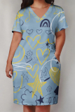Casual Geometric Print V Neck Short Sleeve Baggy Plus Size T-shirts Midi Dresses