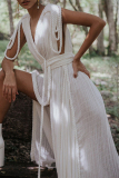 Sexy V Neck Sleeveless Strap Design Braid Trim Front Slit Vacation Beach A Line Maxi Dresses