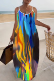 Sexy Graphics Print Backless Sleeveless Spaghetti Strap Floor Length Long Baggy Slip Maxi Dresses