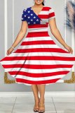 Casual Flag Star Print V Neck Short Sleeve Cinch Waist Vacation A Line Swing Midi Dress