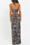 Sexy Leopard Print Backless Sleeveless Hollow Out Lace Up Halter Crop Tops And Maxi Skirts  Vacation Two Pieces Dress Sets
