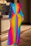 Celebrities Rainbow Print V Neck Long Sleeve Floor Length Cinch Waist Mermaid Hem Formal Patry Evening Long Maxi Dresses