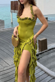 Sexy Sleeveless Backless Fringed Ruffle Irregular Hem Vacation Party Halter Mini Dresses