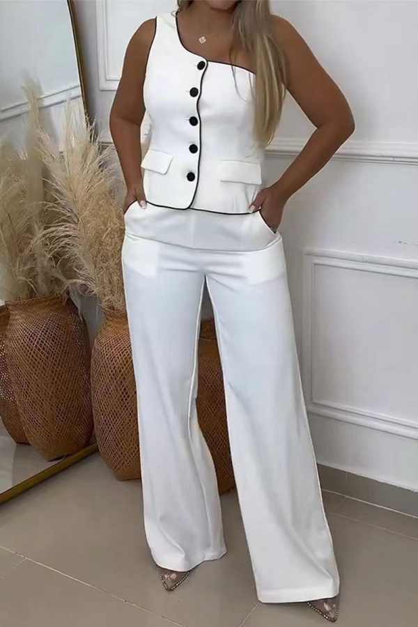 Casual Oblique Collar Sleeveless Pocket Button Blazer Vest And Wide Leg Pants Formal Office Lady Two Pieces Trouser Sets
